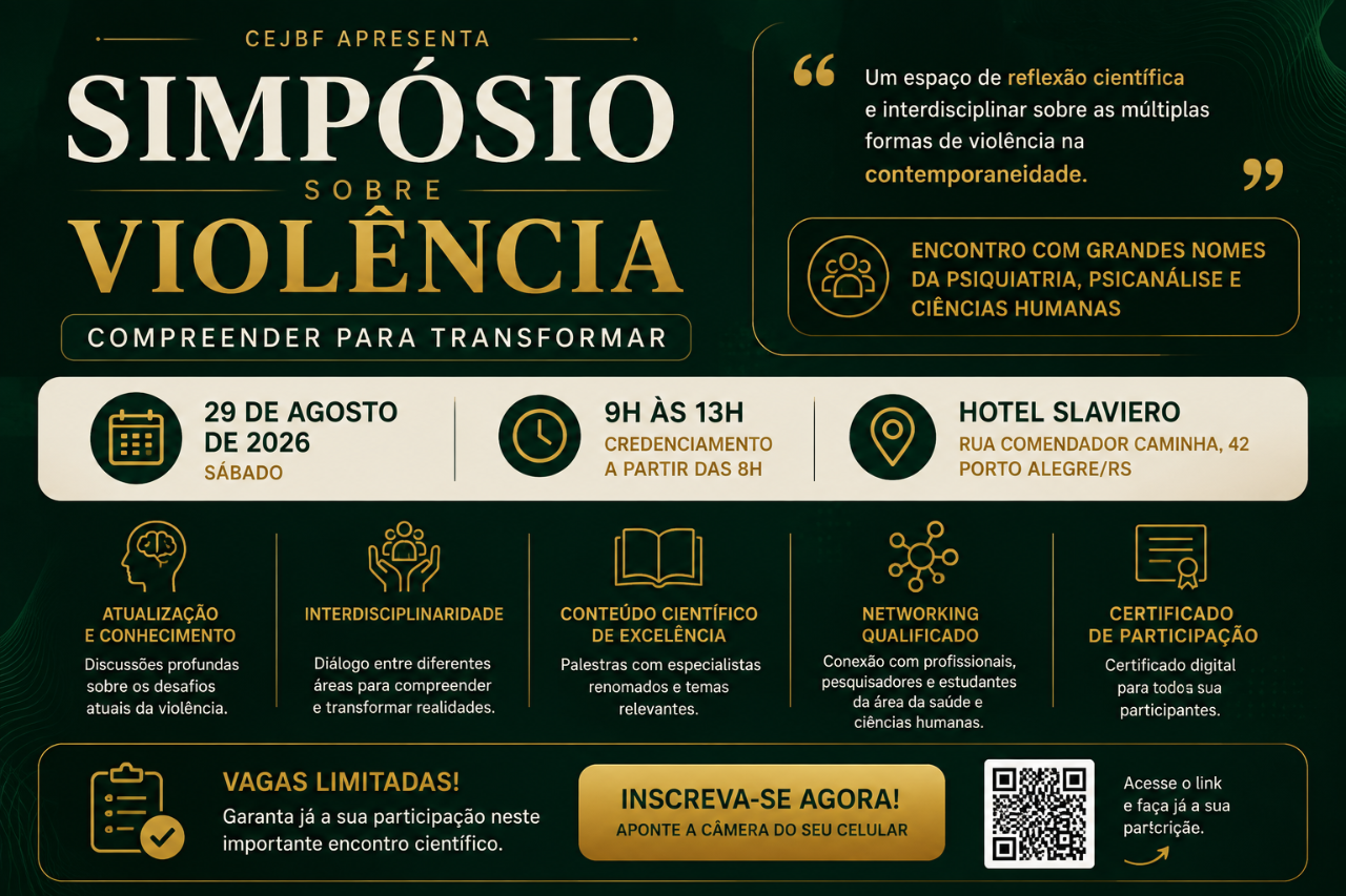 Peça complementar do Simpósio sobre Violência 2026 com informações do evento e palestrantes